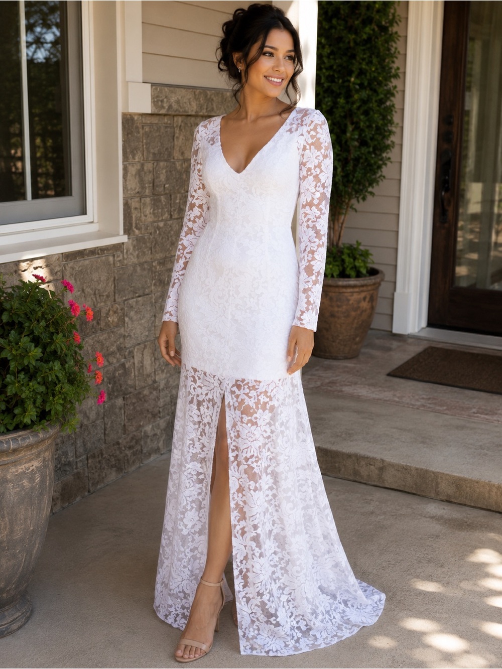 White Lace Long-Sleeve Bridal Gown with V-Neck and Front Slit